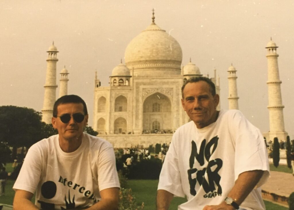 Frank Calder (L) and Knut Vik (R) in front of the Taj Mahal circa 1990's Courtesy F. Calder